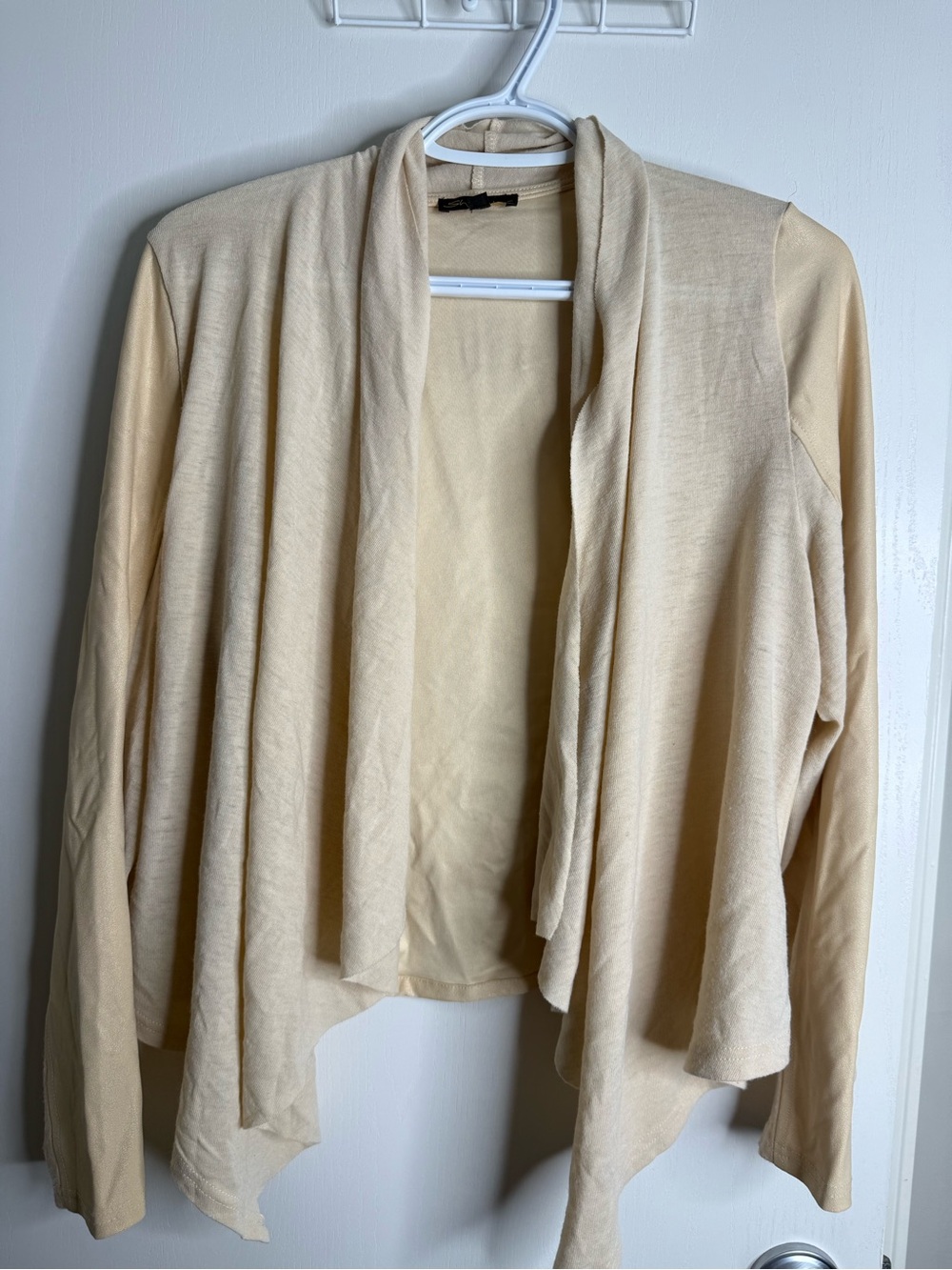 Shinestar Beige Open-Front Women's Draped Cardigan Sweater Pleather Back Medium